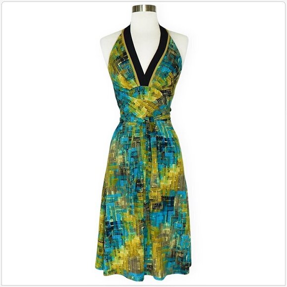 BCBGMaxazria Green Blue Black Print Stretch Jersey Halter Tie Belt Dress XS - Picture 1 of 4